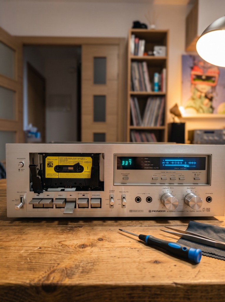 Pletina vintage Pioneer CT-F650 sobre banco de trabajo con herramientas
